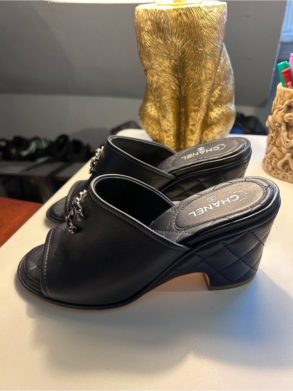 CHANEL Black Quilted Leather Open-Toe Mule with Silver CC - Picture 2 of 10